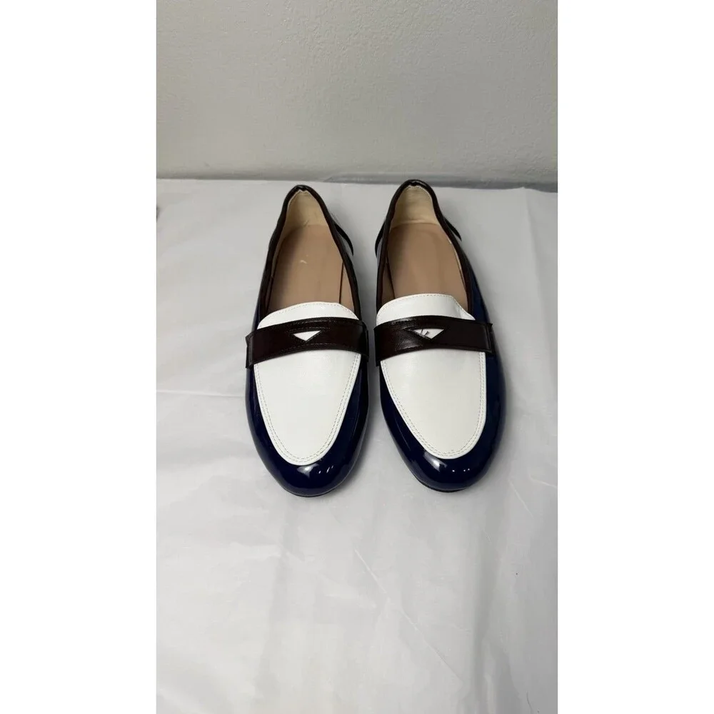 Women’s Colorblock Loafers Navy White Brown Patent Flats EU 40 New